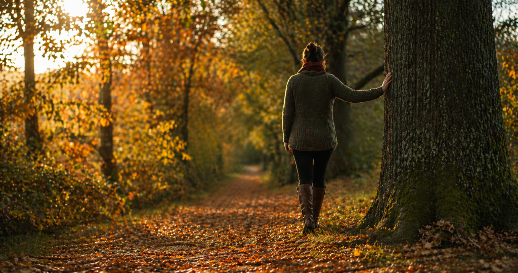 Woman pausing on an autumn path, hand resting on a tree, golden light through the leaves