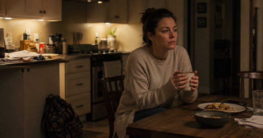 Woman sitting alone at a kitchen table at night, holding a mug, looking into the distance with a tired, faraway expression.