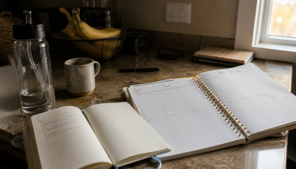 Kitchen counter with an open journal, empty weekly planner, water bottle and coffee mug — the quiet evidence of good intentions.