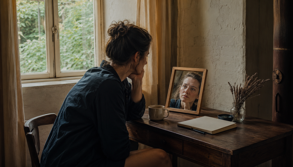 Woman sitting at a desk looking at her reflection in a mirror, expression thoughtful, journal and coffee mug nearby.