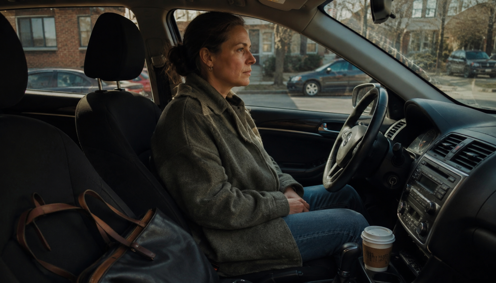 Woman sitting alone in a parked car, arms folded, staring ahead with a still, guarded expression.