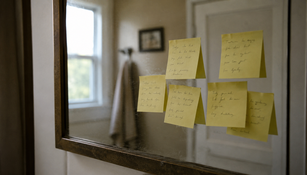 Bathroom mirror with several handwritten yellow sticky notes, reflections of a window and towel visible, natural morning light.