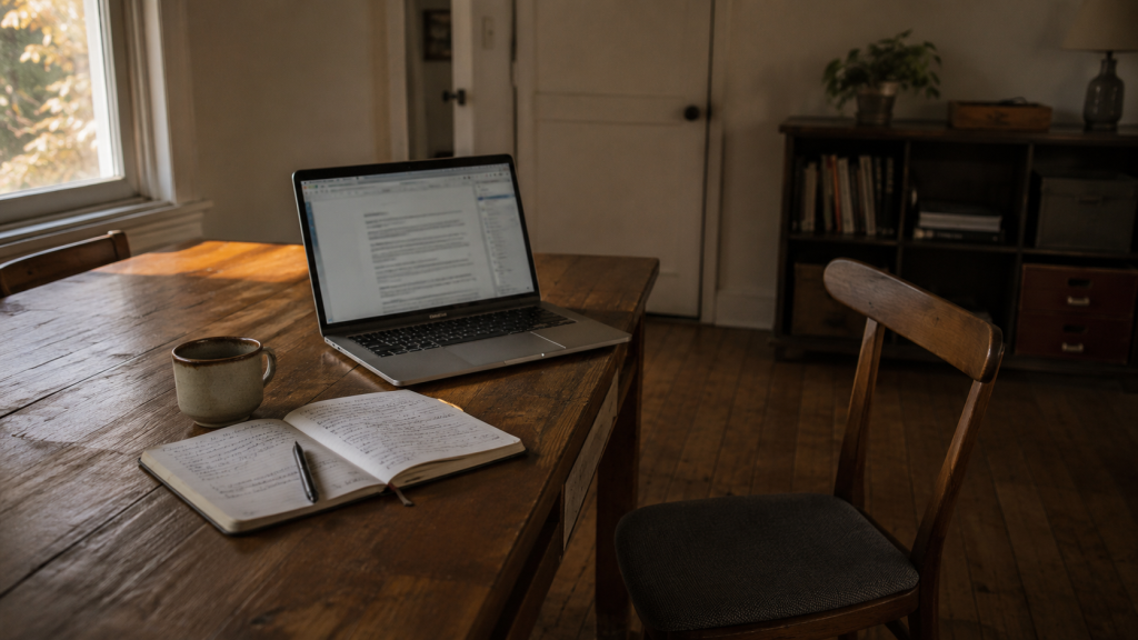 Empty chair pulled away from a wooden table with an open laptop, handwritten journal and coffee mug — a project left unfinished.